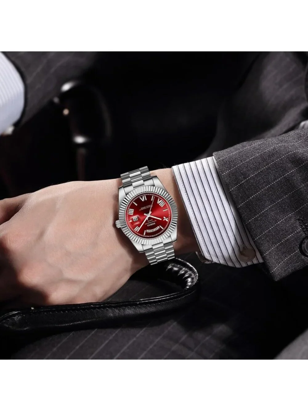 Nibosi Men's Silver Red Analog Quartz Stainless Waterproof Desiger Wrist Watch